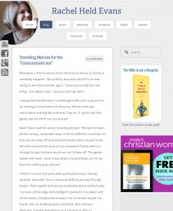 Screenshot of Rachel Held Evans's eponymously titled blog. Screenshot is of post "Traveling Mercies for the 'Consummate Ass'"