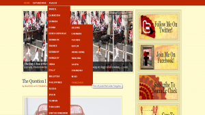 Screenshot of the Nomadic Chick blog, with the menu of "Places" expanded to reveal a list of several countries and several places located within China