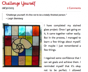 Screenshot of blog post, "Challenge Yourself," with text and image of stained glass design