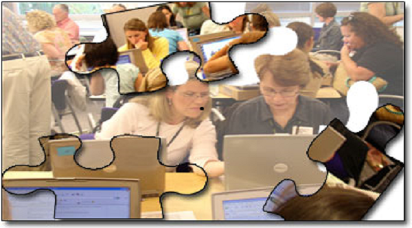 image of people sitting at desk with a puzzle outline overlay