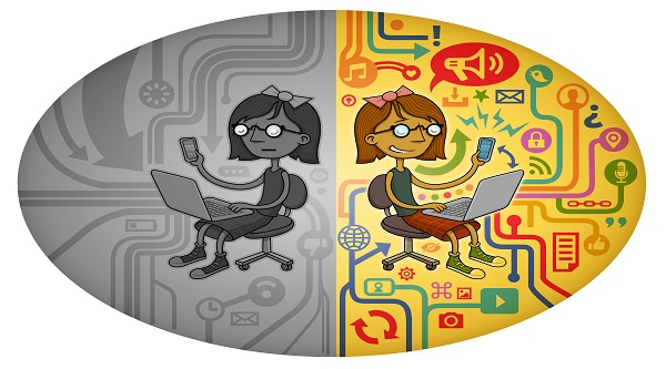 EFF organization oval graphic, left side grayscale, right side color depecting cartoon woman with less internet access on the left and greater internet access on the right