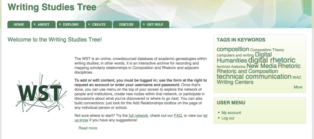 The Writing Studies Tree homepage, showing the WST logo, welcome text, and a tag cloud.