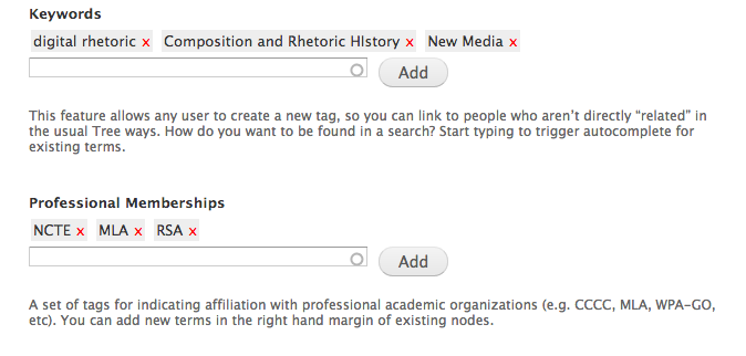 A portion of the Edit Person screen from the Writing Studies Tree, showing the two keyword fields, one for open vocabulary (shown: digital rhetoric, composition and rhetoric history, new media) and one for professional memberships (shown: NCTE, MLA, RSA)