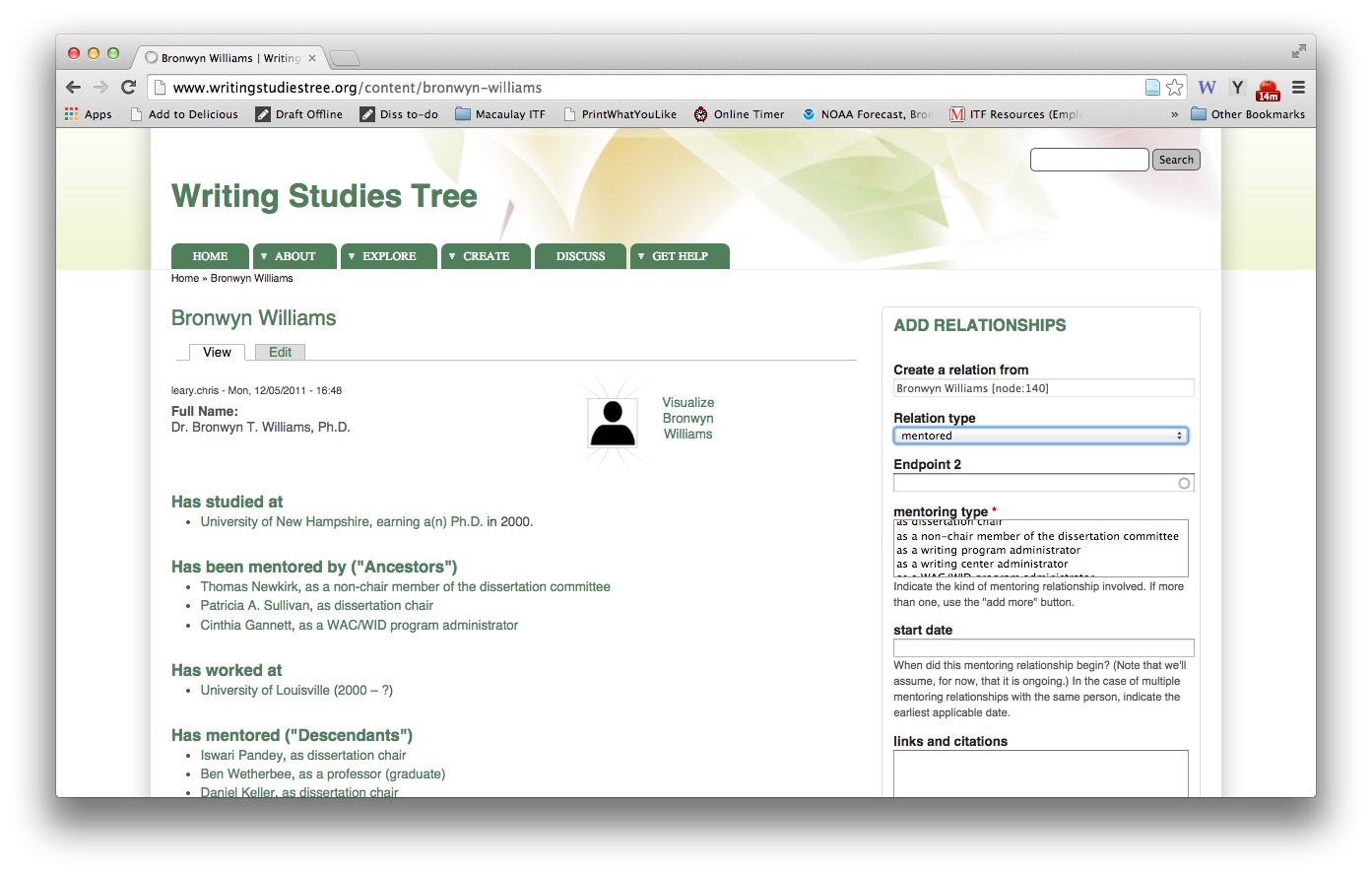 A portion of the Individual View on the Writing Studies Tree, which shows lists for where this person (Bronwyn Williams) has studied, who he has been mentored by, where he has worked, and so on. Also included is the Add Relationships box on one side of the screen, demonstrating a user beginning to create a new 'Mentored'-type relation. This box prompts the user for an 'endpoint 2,' i.e. the person mentored by Williams, as well as a specific mentoring subtype (as dissertation chair, as a writing program administrator, etc). Further fields shown are 'start date' and 'links and citations.' The box continues below the edge of the screen shown.
