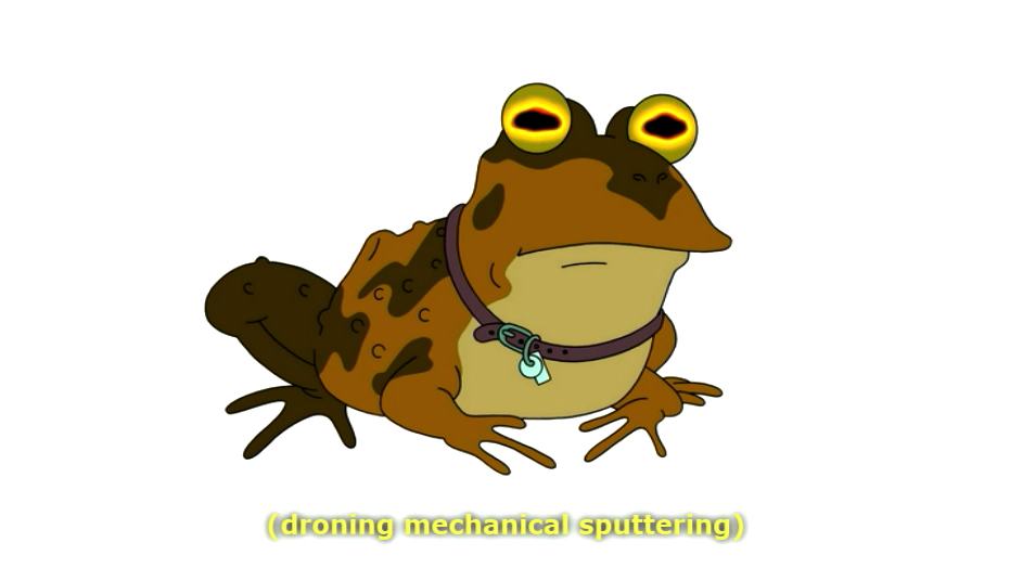 Screenshot of Hypnotoad from the Episode 'Bender's Big Score' on Netflix with caption: [droning mechanical sputtering]