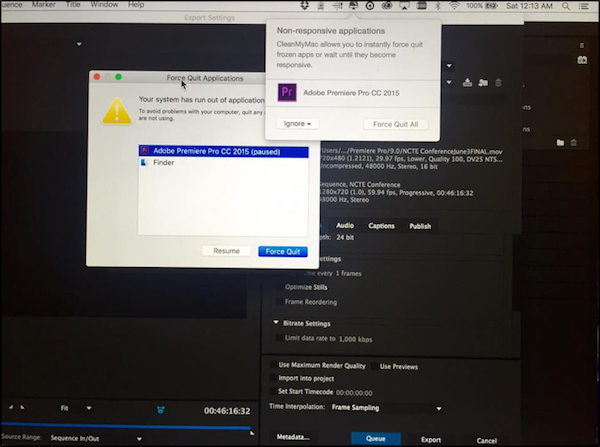 screenshot of Premiere Pro with a window that says the application is non-responsive and another window to force quit the application