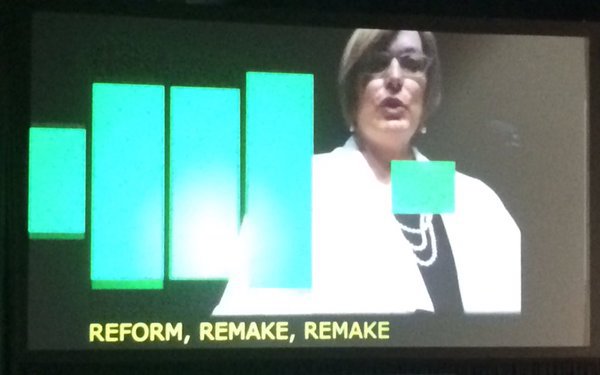 a screen showing Joyce's face, green bars over the left side of the screen, and the words REFORM, REMAKE, REMAKE beneath Joyce's image