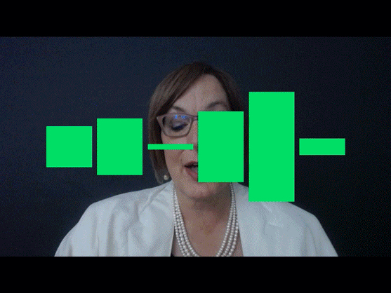 multicolored vertical bars move on a black background move like soundwaves; toward the end, Joyce's face appears behind the vertical bars, which have turned green