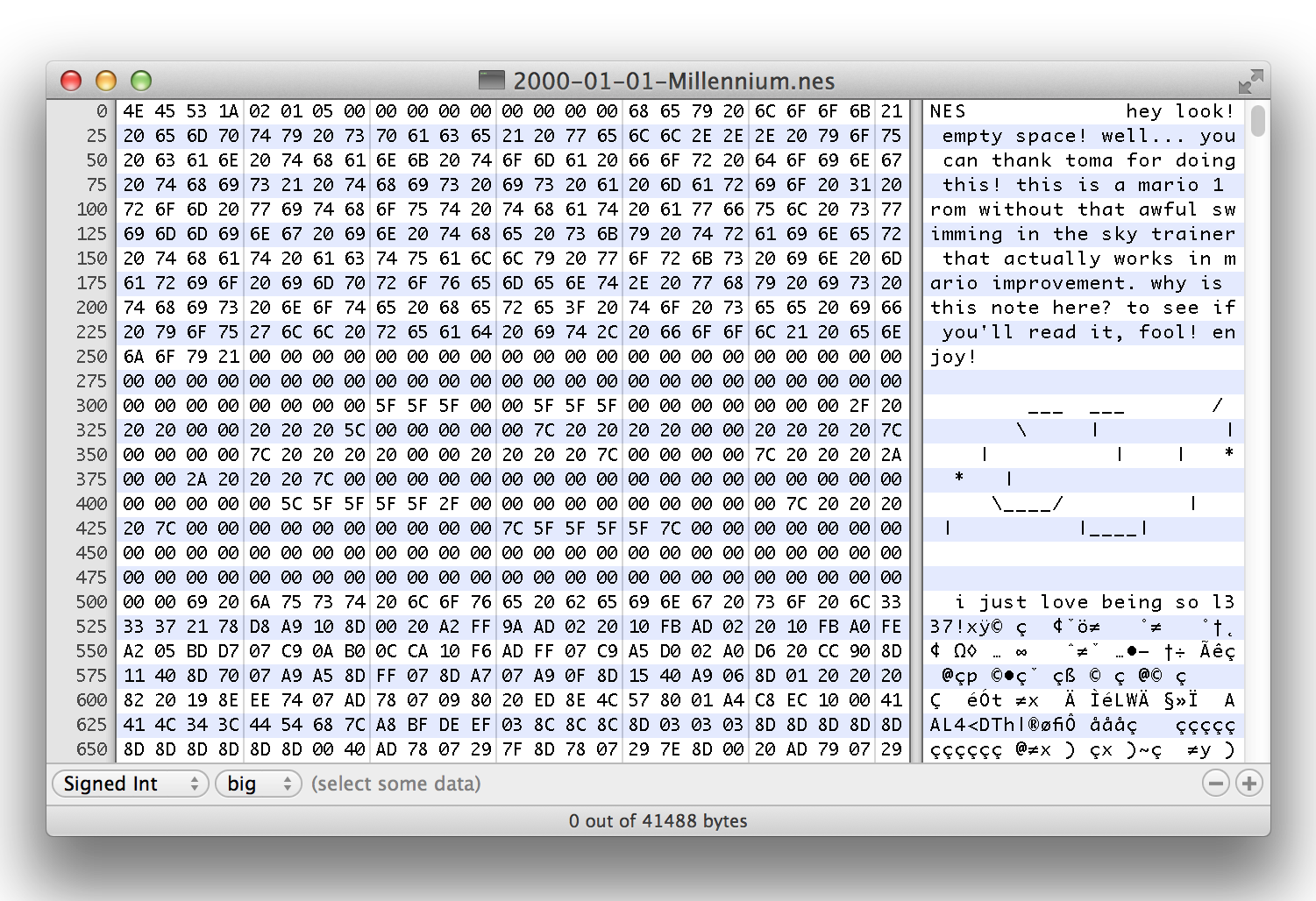 This screenshot of Hexcode from the Mario Millennium mod depicts non-executable comments in American Standard Code for Information Exchange (ASCII) character encoding standard