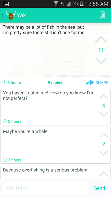 Screenshot of Yik Yak post and replies, Spring 2015. Original post reads, 'There may be a lot of fish in the sea, but I'm pretty sure there still isn't one for me.' Replies include, 'You haven't dated me! How do you know I'm not perfect?' and 'Because overfishing is a serious problem.'