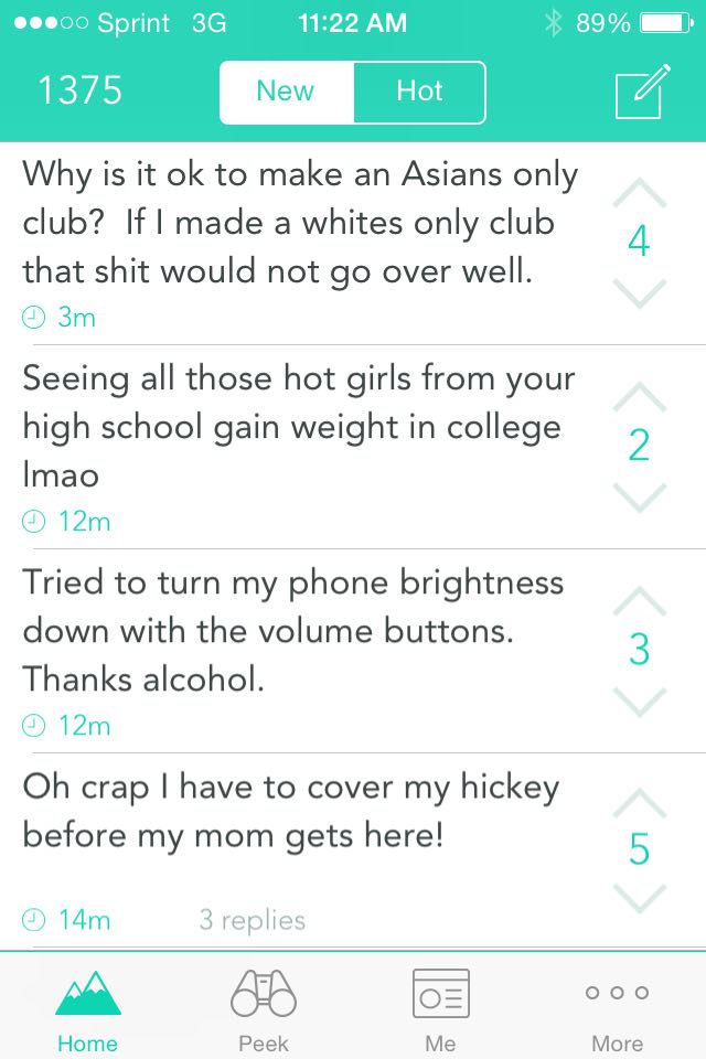 Screenshot of Yik Yak feed, Fall 2014. Posts include 'Why is it ok to make an Asians only club? If I made a whites only club that shit would not go over well,' 'Seeing all those hot girls from your high school gain weight in college lmao,' and 'Tried to turn my phone brightness down with the volume buttons. Thanks alcohol.'