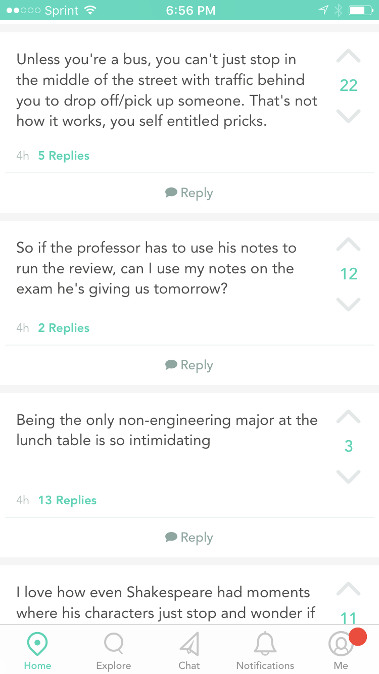 Screenshot of Yik Yak feed, Spring 2016: Posts include a range of topics, such as exam reviews, Shakespeare, and lunchtime habits; menus of the application include the local home feed, a search function, a direct message function, a notifications page, and a personal profile.