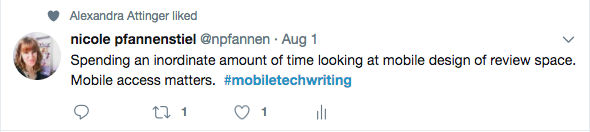 Image of a tweet that reads: "Spending an inordinate amount of time looking at mobile design of review space. Mobile access matters. #mobiletechwriting"