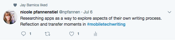 Image of a tweet that reads: "Researching apps as a way to explore aspects of their own writing process. Reflection and transfer moments in #mobiletechwriting"