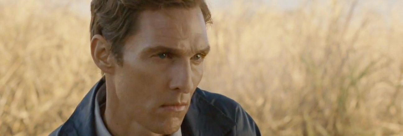 Scene from True Detective: Rust Cohle, played by Matthew McConaughey, peers thoughtfully.