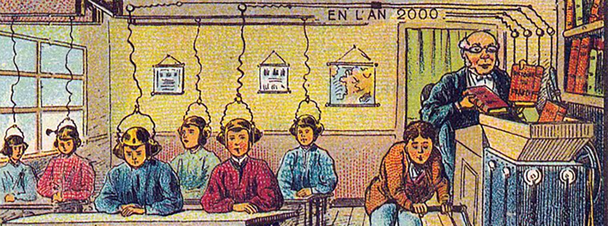 An illustration
              of students sitting at desks with hands folded, while
              wearing brain-computer interfaces capable of transmitting
              knowledge from school textbooks directly into their
              wetwear.