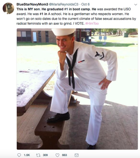 Screenshot of a Tweet containing an image of a sailor with the caption described earlier in this webtext.