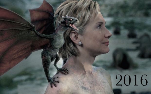Hillary Clinton's face placed on iconic Mother of Dragons image, with baby dragon on her shoulder; links to Dana's post on Hillary Clinton and Beyond website