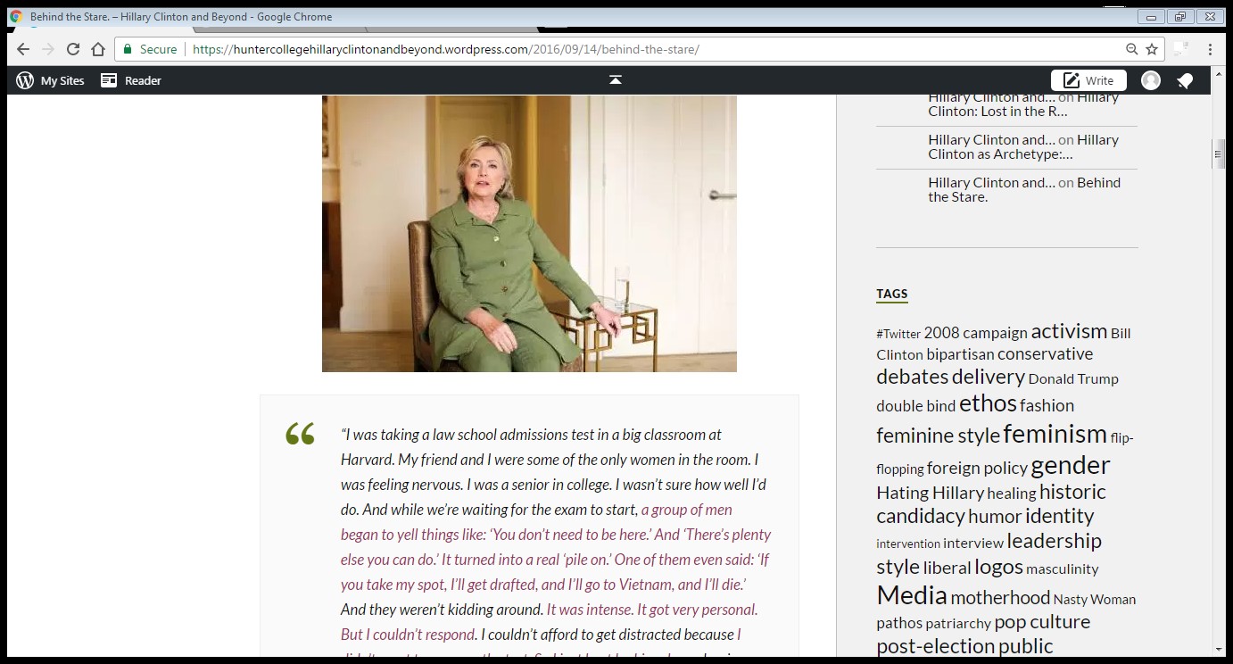 screenshot of website showing Hillary Clinton sitting in a chair with text under image; links to Cronin's post on Hillary Clinton and Beyond website