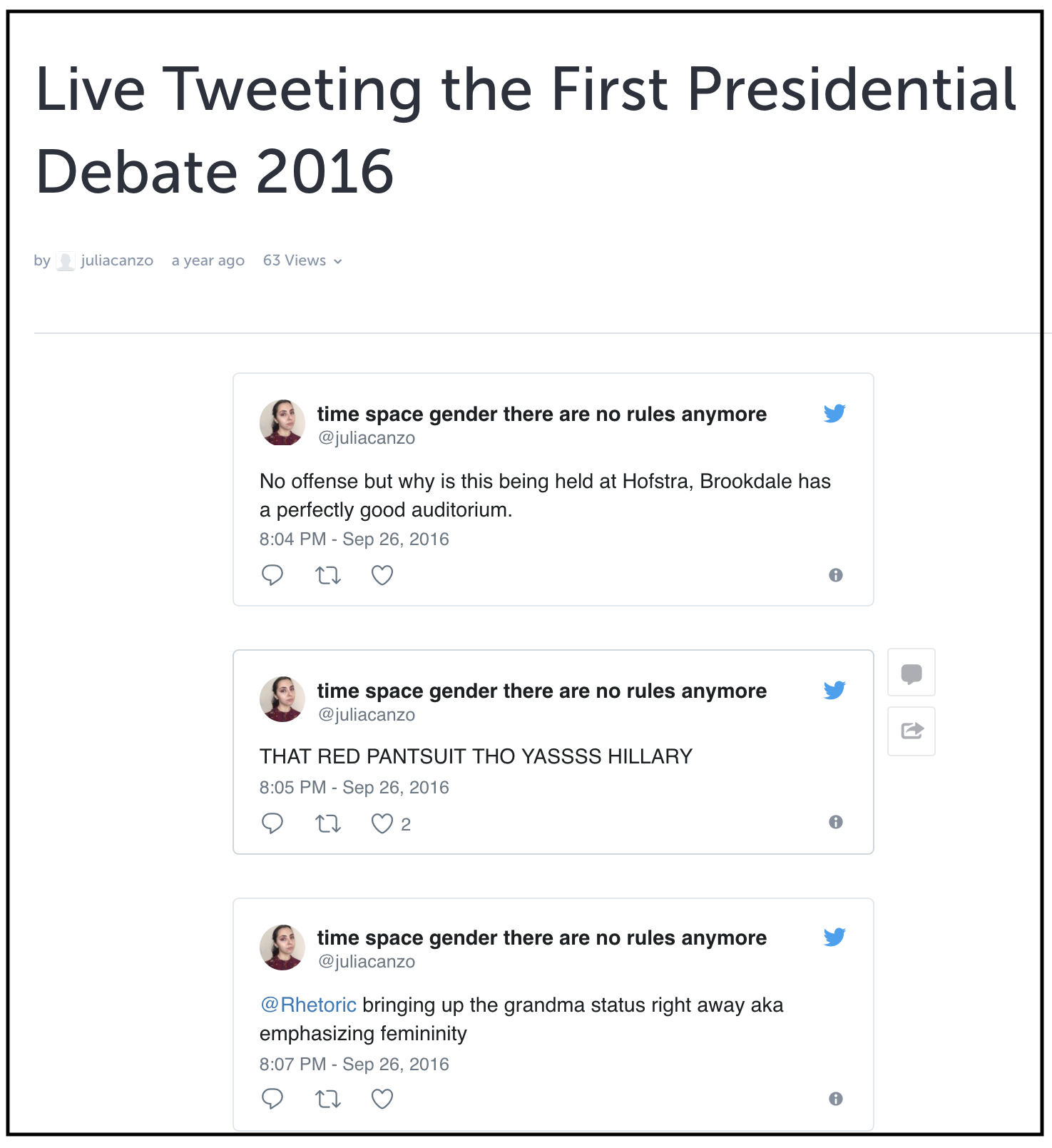 image of Julie's Tweets of first debate between Donald Trump and Hillary Clinton, with links to Julie's post on Hillary Clinton and Beyond website; transcript below