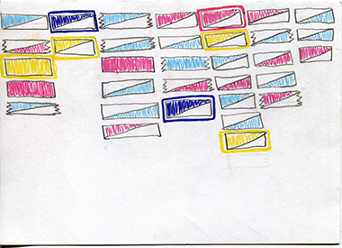 Ashley Shannon front postcard #1 multicolored rectangles divided diagonally, in seven columns