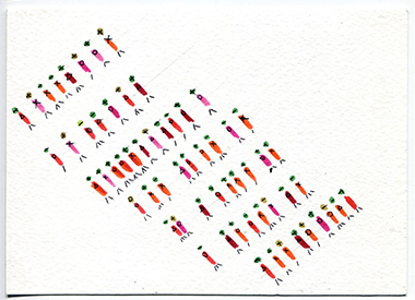 Meng Su front postcard #1 diagonally arranged carrot-shapes in different colors