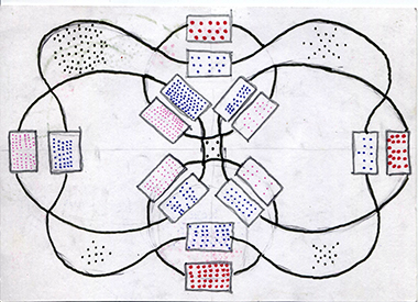 Thomas Matthew front postcard #1 two figure-8 lines, rectangles filled with dots