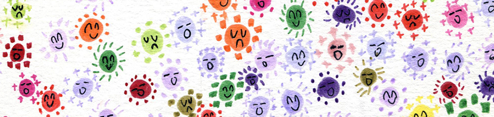 small rectangle with multicolor circles and dots, from Biqing Li's postcard