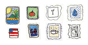 collage of hand drawn stamps.