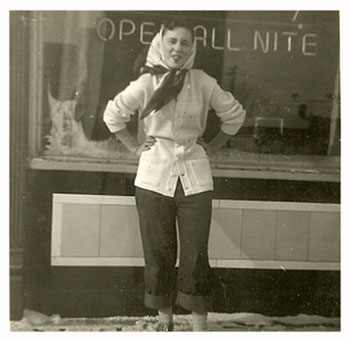 Olive Harris in front of diner in Fargo, ND