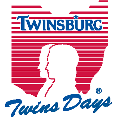 Logo for Twinsburg Twins Days festival, twin head silhouettes over the a red image of Ohio