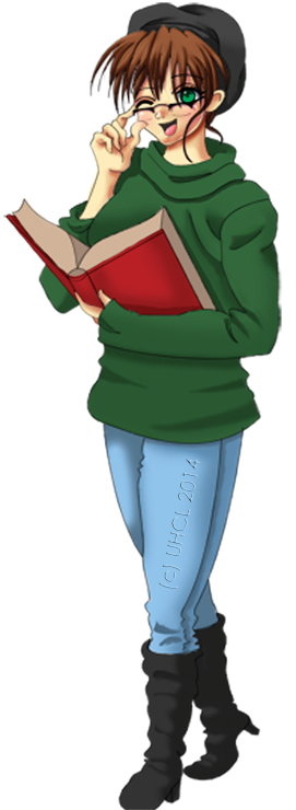 An anime drawing of a girl in a green sweater and black beret, with a big red book in her hands: Susie Queue