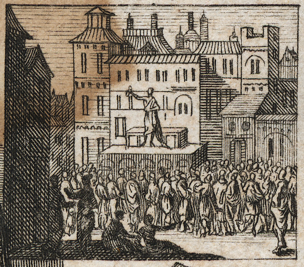 Detail of engraving from edition of Quintillian's Institutio oratoria depicting a scene of public oratory.