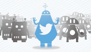 A Blue robot with Twitter logo on its chest standing in group of gray robots