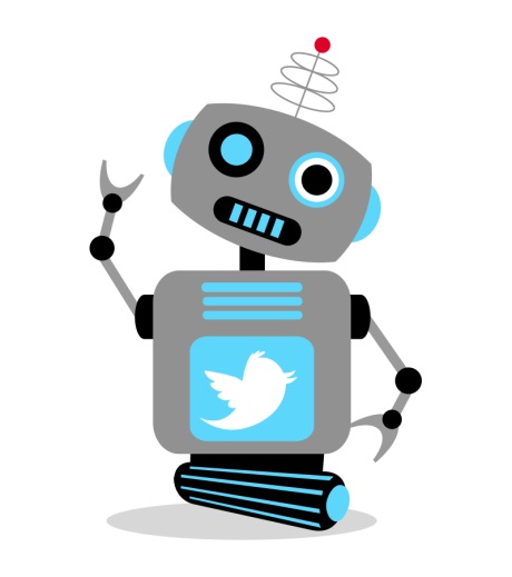 A Gray robot with Twitter logo on its chest, hand raised in waving position