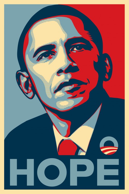 Obama Hope: A red, white, and blue poster image of Obama with the word 'hope' underneath
