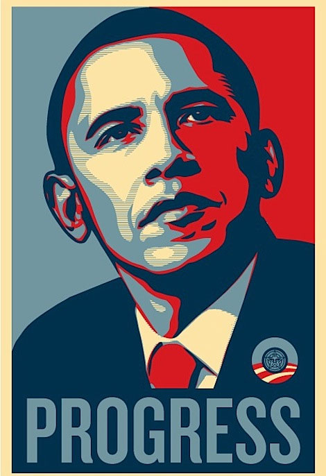 Obama Progress: A red, white, and blue poster image of Obama with the word 'progress' underneath