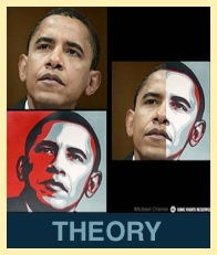 Theory: Three images of Obama, overlaid. The original Fairey, the photo it was based upon, and a mash-up of the two together
