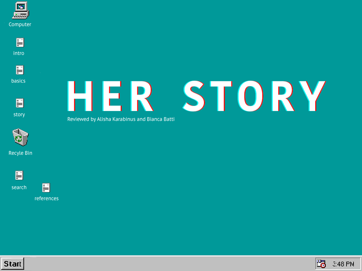 Website background imitating Windows 95 operating system, with title of game, Her Story, written over the desktop