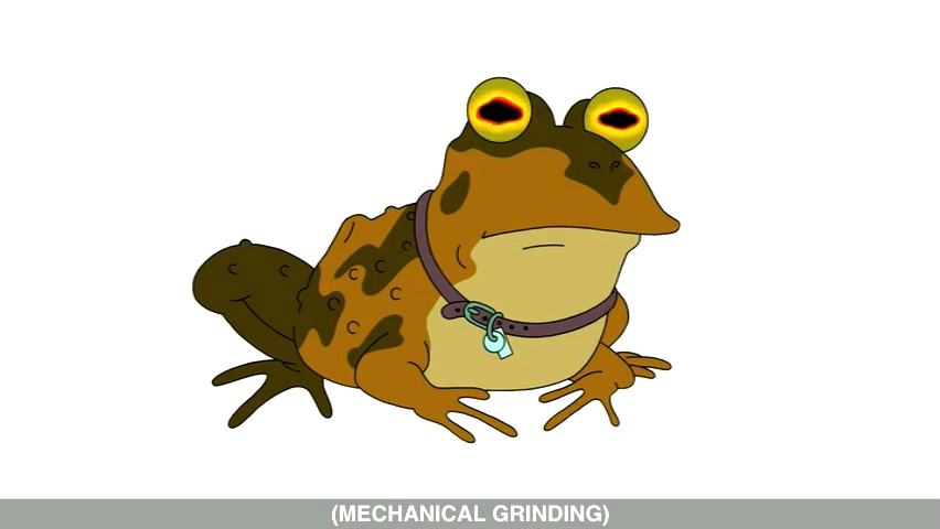 Screenshot of Hypnotoad from the Episode 'Bender's Big Score' on DVD with caption: [MECHANICAL GRINDING]