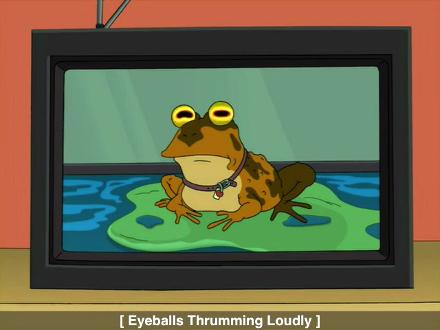 Screenshot of Hypnotoad from the Episode 'Bender Should Not Be Allowed on TV' on DVD with caption: [Eyebals Thrumming Loudly]