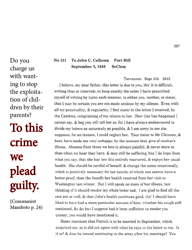 text-heavy image of letter annotated with large block red quotation from Communist Manifesto