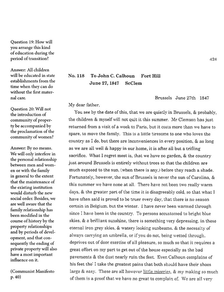 text-heavy image of letter annotated with block quotations from Communist Manifesto
