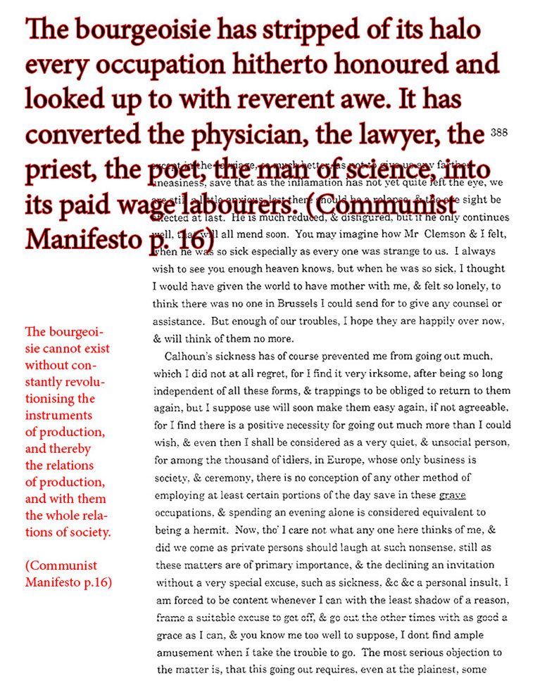 text-dense letter annotated with two quotations from the Communist Manifesto