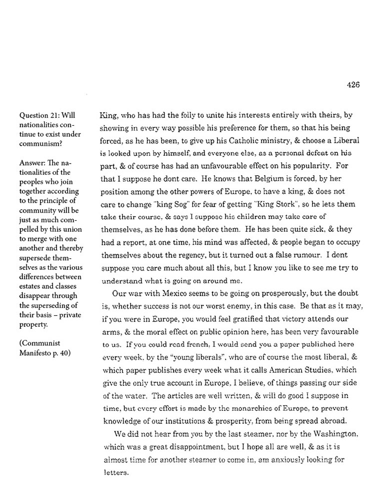 text-heavy image of letter annotated with block quotation from Communist Manifesto