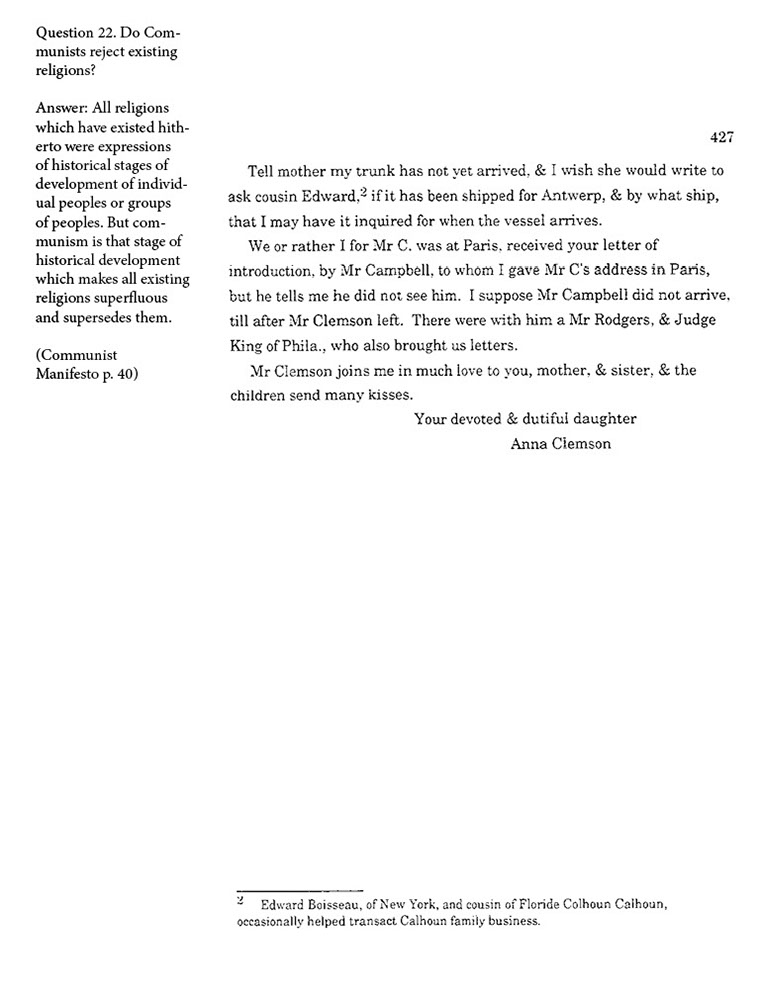 text-heavy image of letter annotated with block quotation from Communist Manifesto