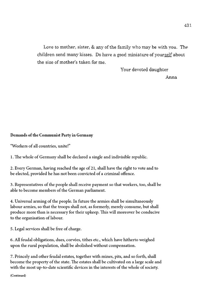 image of closing lines of a letter from Anna, annotated with the first seven 'Demands of the Communist Party of Germany'