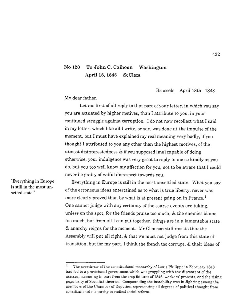 text-heavy image of letter annotated with quotation: 'Everything in Europe is still in the most unsettled state.'