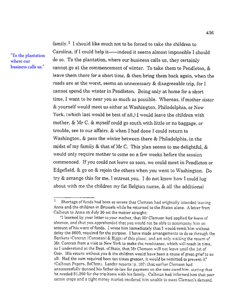 text-heavy image of letter annotated with blue text: 'To the plantation where our business calls us.'