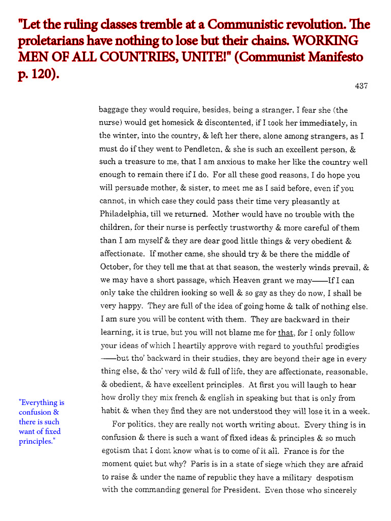 text-heavy image of letter annotated with block quotation from Communist Manifesto: 'Let the ruling class tremble at a Communistic revolution. The proletarians have nothing to lose but their chains. WORKING MEN OF ALL COUTNRIES UNITE!'